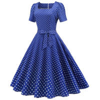Vestido midi de fiesta de lunares para mujer, elegante, de manga corta, con cuello cuadrado, línea A, estilo años 50 y 60. - details 12