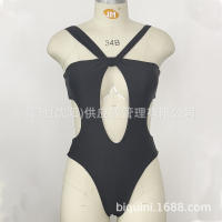2025 nuevo bikini sexy de color sólido con cordones de una pieza con traje de baño negro ahuecado sin espalda para mujer - details 26