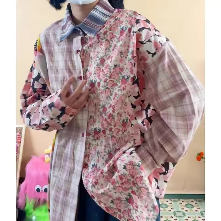 Moda Otoño para Mujeres Blusa Suelta con Estampado de Costura Retro Japonés - 1