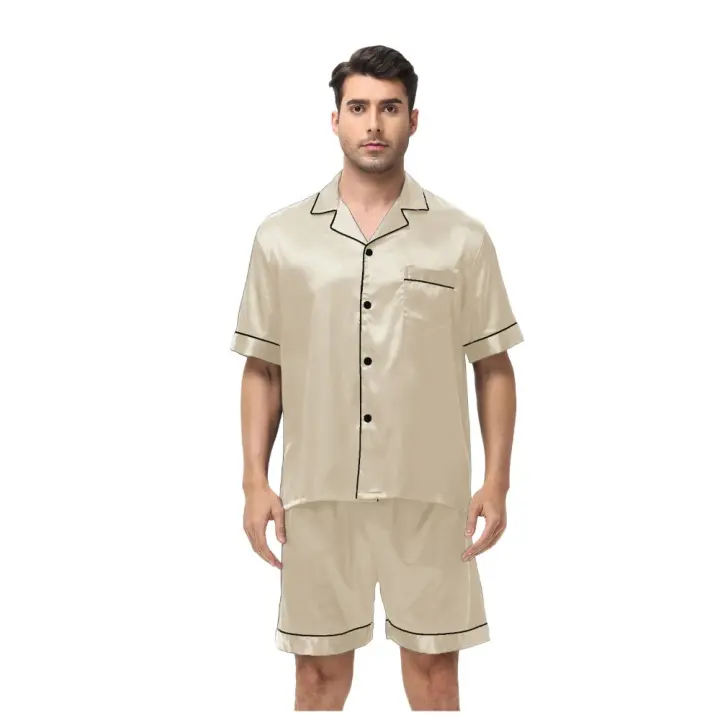 Conjunto de Pijama de Manga Corta para Hombre de Talla Grande Pantalones Cortos de Satén, Ropa de Dormir Fresca, Traje de Pijama Informal de Verano - 1