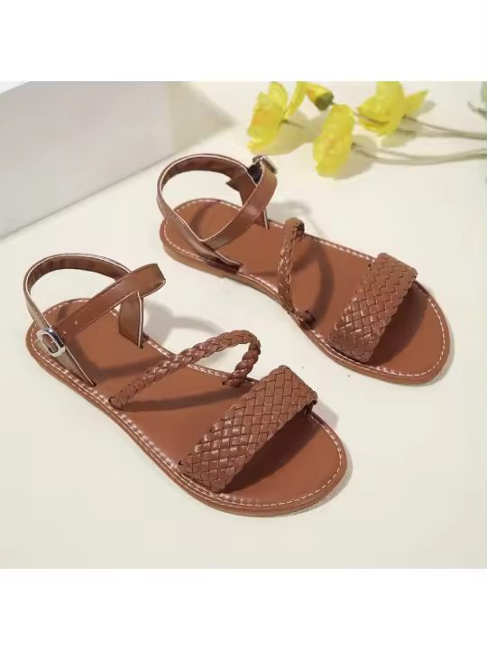Sandalias planas casuales de mujer con diseño trenzado, populares en color marrón, zapatos cómodos para uso diario. - 1