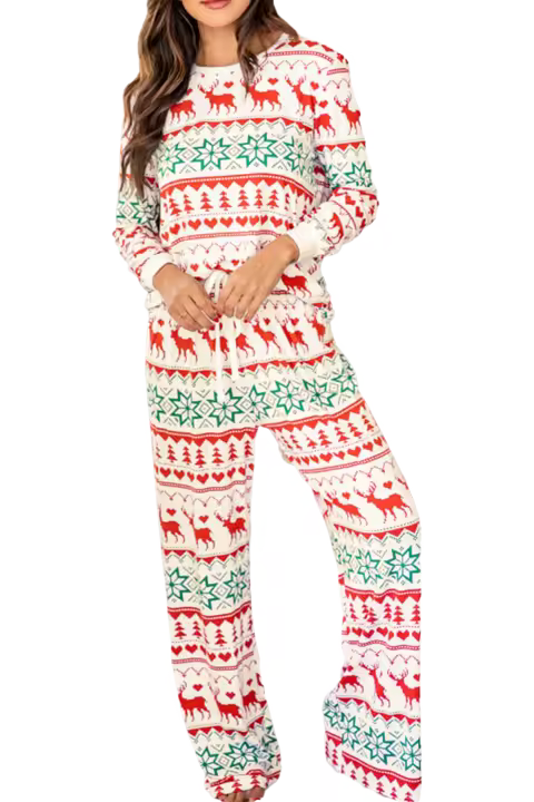 Elrachen Conjunto de salón con jersey y pantalones con estampado navideño para mujer, blanco, tallas S-XL - 1