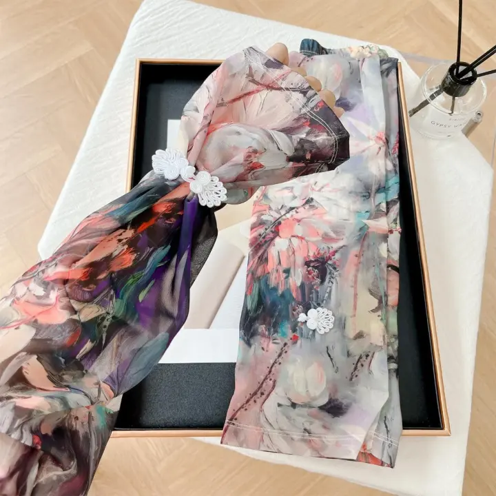 Hebilla de estilo chino impresa mangas de seda de hielo Anti-UV aislamiento UV gasa protector solar manga flor protección solar - 1