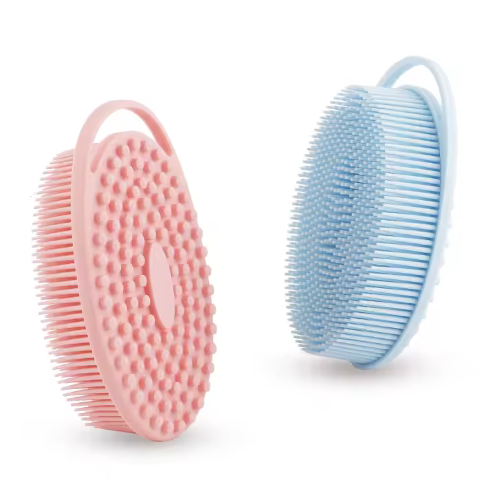 Exfoliante corporal de silicona suave 2 piezas de gel de baño de silicona, esponja de baño de silicona 2 en 1 y cepillo de champú, ducha exfoliante corporal Limpia y exfolia para pieles sensibles, buena espuma (rosa y azul) - 1