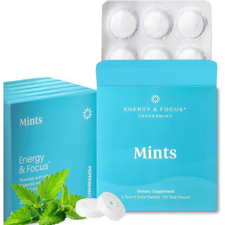 Mentas energéticas con cafeína, sin azúcar, veganas, sin gluten, menta. Aumenta la concentración y la resistencia con l-teanina, cafeína, B12 y B6. - 1