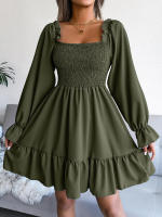 Vestido elegante de manga larga para mujer, falda con cuello cuadrado, vestido con volantes de color sólido, moda de primavera y otoño - details 1