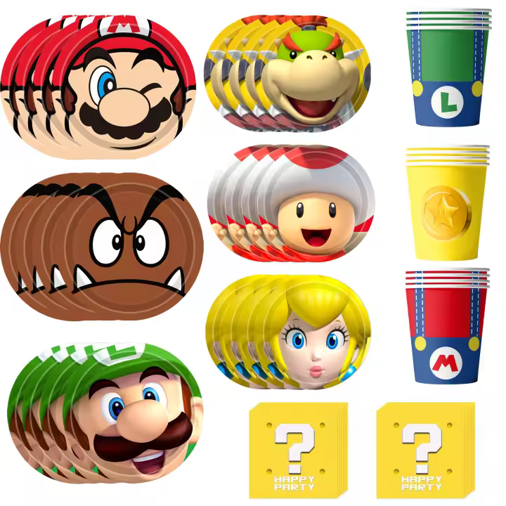 Vajilla de decoración de cumpleaños, juego de platos y servilletas de Mario de 120 piezas: 30 platos de 9 pulgadas, 30 platos de pastel de 7 pulgadas y 30 vasos de servilletas - 1