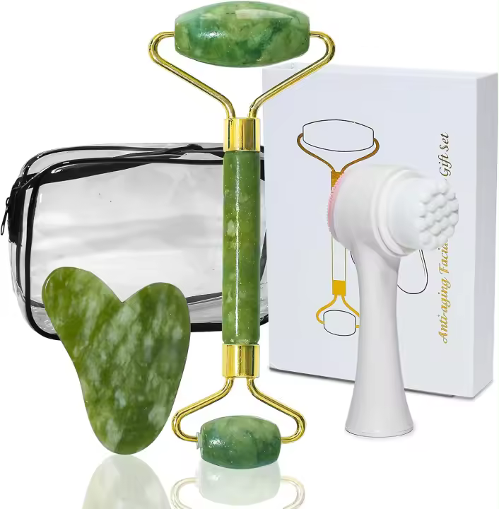 Rodillo de Jade y Gua Sha con Cepillo de Limpieza Facial y Bolsa de Maquillaje de Viaje de PVC,Rodillo Facial y Masajeador de Piedra de Cucaracha para la Belleza y el Cuidado de la Piel - 1