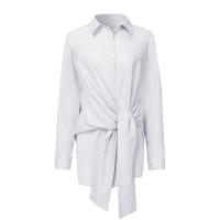 Camisa Blanca Slim Para Mujer Moda Tops Oficina Blusa Larga Manga Suéter Ruched Cuello En V Tacón Casual Polyester - details 3