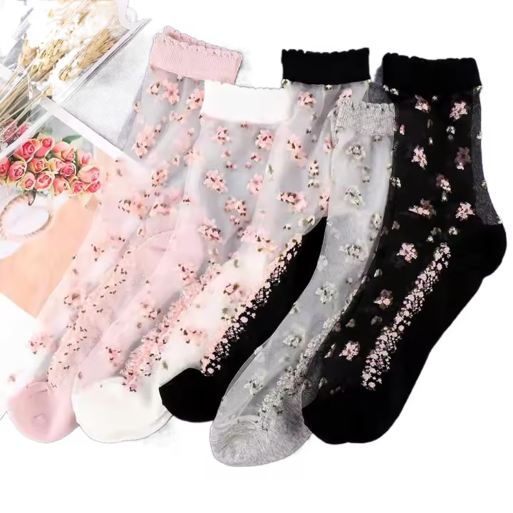 Calcetines tobilleros transparentes de seda de vidrio con lazo fino, calcetines cortos de cristal - 1