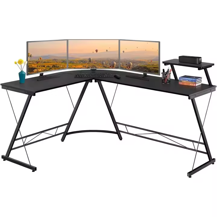 Escritorio Esquinero con Estanteria Grande 162x130x96cm Mesa Esquina Gaming Mesa para Ordenador Escritorio para Estudio Oficina Despacho Negra Metal - 1