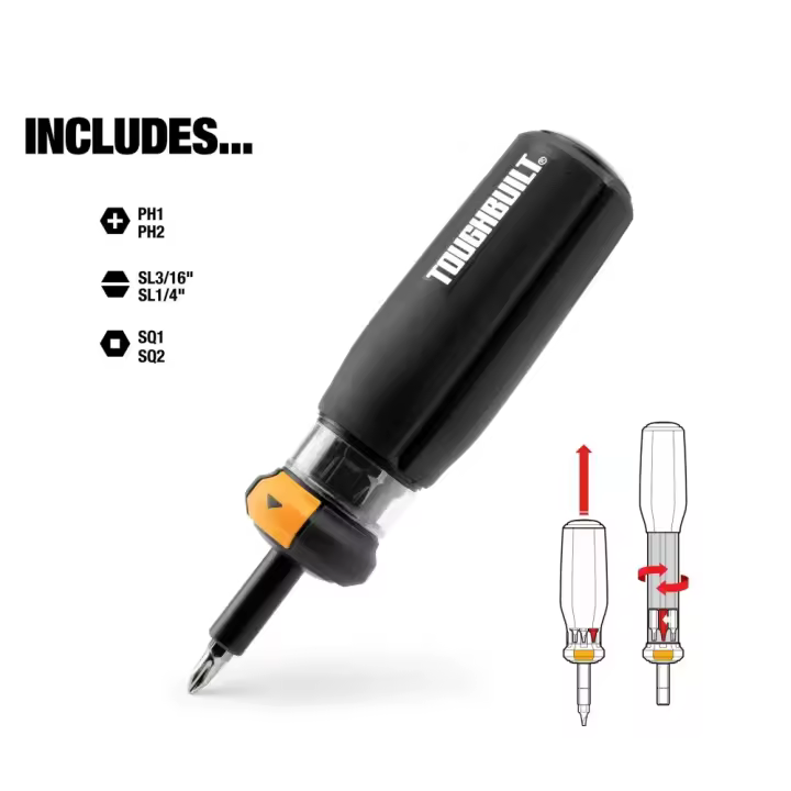 Llave de trinquete Reversible multibits TOUGHBUILT, 6 en 1, recarga automática, juego de destornilladores manuales multifuncionales, TB-H5-M-01 - 1