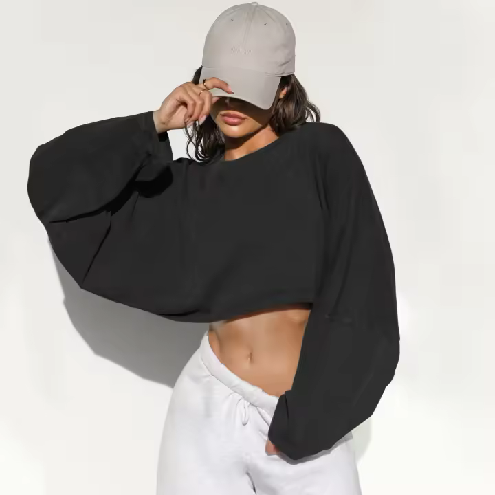 Sudadera corta con manga de murciélago lisa para mujer, jersey informal de calle con hombros caídos y cuello redondo para otoño, ropa de mujer para uso diario, camisetas para salir - 1