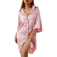 Pijamas de mujer de color liso, media manga con una hilera de botones, ropa de dormir informal de satén suelta - details 5