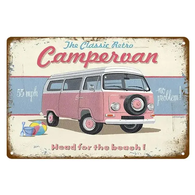 Cartel de hojalata de arte Vintage, cartel de dibujos animados, autobús de la paz, playa, surf - 1