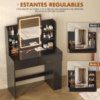 Tocador de Maquillaje con Luces LED, Brillo Ajustable, Mesa de Maquillaje con Espejo, con 2 Cajones Grandes y 4 Estantes Abiertos y Taquilla Lateral, Moderno, 90x40x135cm, Blanco - details 12