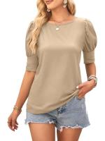 Tops de cuello redondo de color sólido para mujer, ropa informal de moda, camiseta holgada de manga corta de verano para mujer - details 1