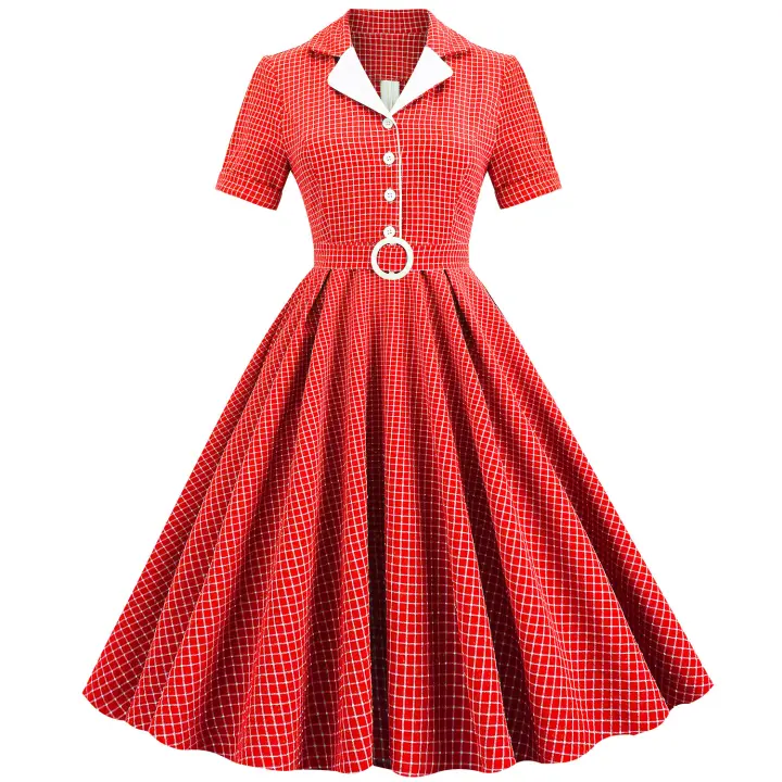 Elegante estilo de color en contraste a cuadros Hepburn con cinturilla fina, de gran tamaño - 1
