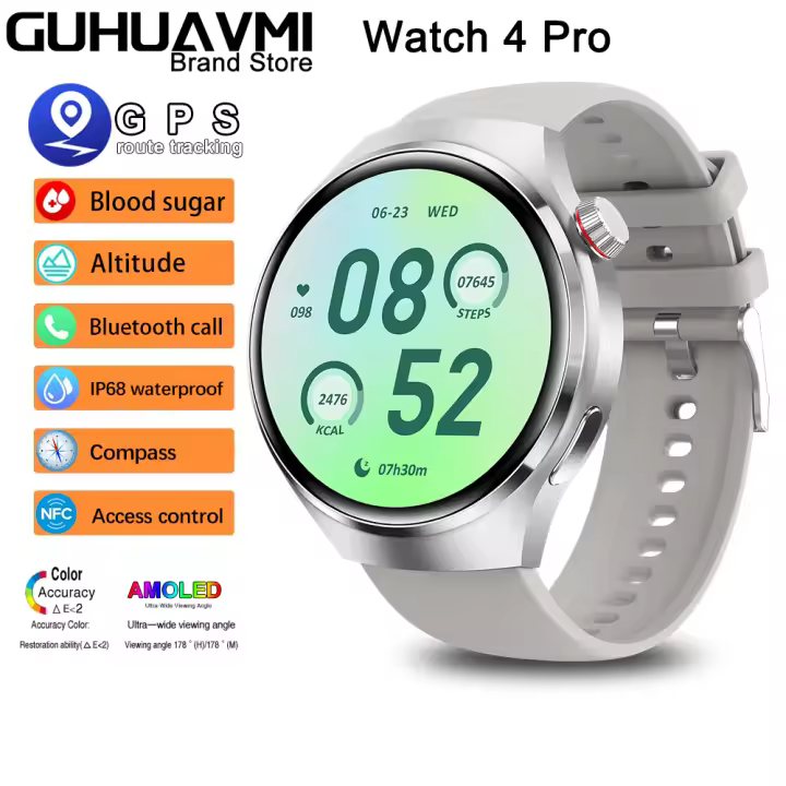 GPS Reloj inteligente Watch 4 PRO para hombre, accesorio de pulsera resistente al agua IP67 con GPS, resistente al agua, control de glucosa en sangre, IA, voz, Bluetooth, llamadas, NFC, 360x360 HD  AMOLED, Relojes deportivos para hombres,2024 - 1