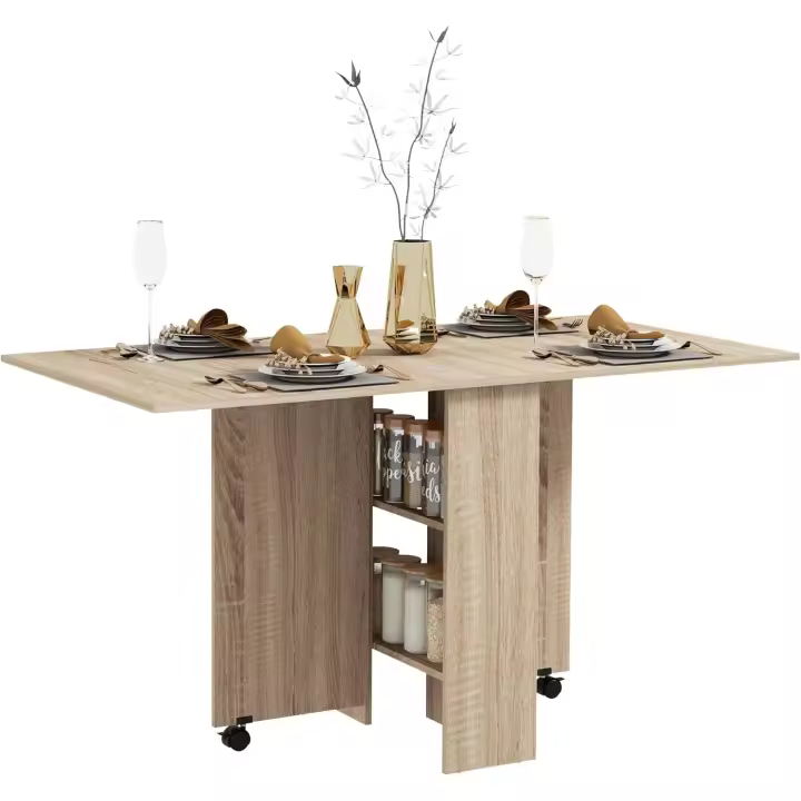 Mesa de comedor plegable con 2 manteles 2 estantes de almacenamiento y ruedas de cocina 75x140x74 cm blanco - 1