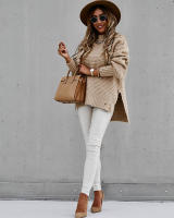 Autumn winter women knitted sweater loose warm elegant solid batwing sleeve side split pullovers - details 4