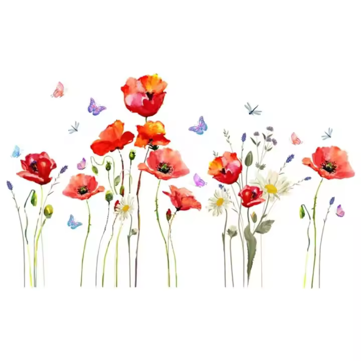Pegatinas de Pared de Papel PVC de Mariposa para Cocina Decalques de Pared de Flores Rojas 110x70cm - 1