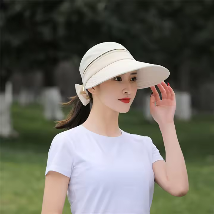 Sombrero con visera plegable de Color sólido con lazo, tapa vacía para mujer, gorra de ciclismo para mujer, sombrero de pescador, sombrero para el sol extraíble, sombrero de cubo - 1