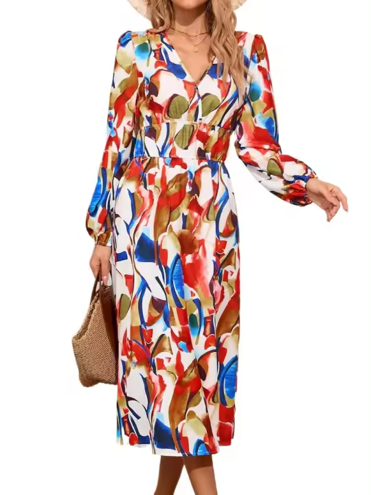 Vestido elegante con cuello en V para mujer, estilo elegante, manga larga, primavera y otoño - 1