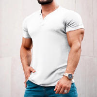 Camiseta de manga corta Henley para hombre, ropa informal de algodón, color blanco, azul vaquero, M-6XL, paquete de 2 - details 12