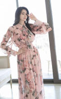 BGTEEVER-vestido de gasa con estampado Floral para mujer, traje elegante de manga larga con cuello de lazo, cintura ajustada, primavera y otoño - details 8