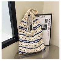 Bolso de algodón tejido de un solo hombro a rayas, bolso de paja hueco, bolso de vacaciones en la playa - details 2