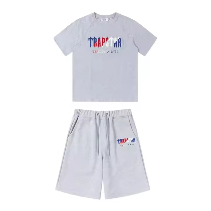 Trapstar conjunto de manga corta arco iris letras cambio gradual toalla impresión suelta casual pantalones cortos conjunto - 1