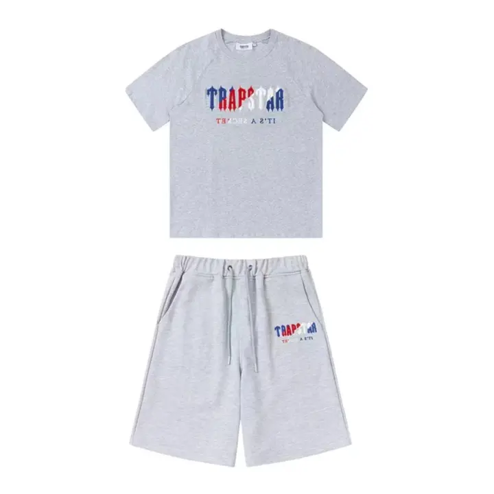 Trapstar conjunto de manga corta arco iris letras cambio gradual toalla impresión suelta casual pantalones cortos conjunto - 1