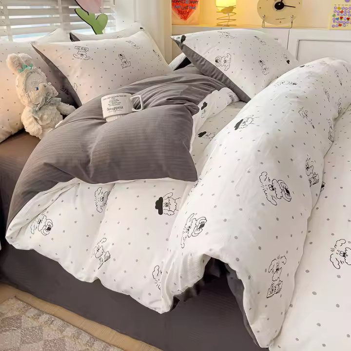 Juego de cama: Sábana ajustable de algodón lavado puro de cuatro piezas, funda de edredón, juego de tres piezas de cama individual para dormitorio de estudiantes: Sábana, funda - 1