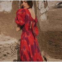 OUWU-Vestido Midi con diseño sin espalda para mujer, elegante con estampado, cuello vuelto, mangas abullonadas, corte en A, novedad de verano 2024 - details 10