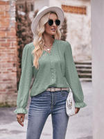 Blusa de gasa de retazos de encaje para mujer, camisa elegante informal de manga larga con cuello en V, trabajo de oficina, moda - details 23