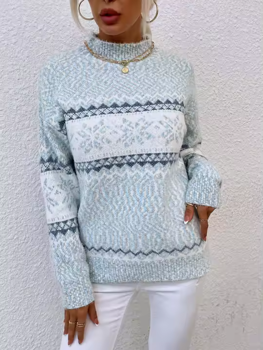 Suéter de punto cálido para mujer, cuello medio a alto, copo de nieve, otoño e invierno, 2023 - 1