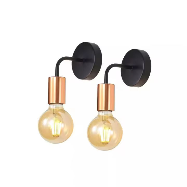 2/4PCS Apliques de Pared Metal Industrial/Madera, Negro y Dorado, GOECO, Para Portalámpara E27(No Incluída), 16*10*10 CM, Chasis Diá 10CM, Máx 60W, 220V, Iluminación Interior Retra para Sala de estar, Dormitorio, Pasillo, Escalera - 1