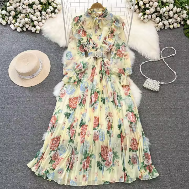 Elegante vestido midi de manga larga con corte en A y falda plisada, cintura ceñida, dobladillo de gasa, estampado floral coreano Sle Commute - 1