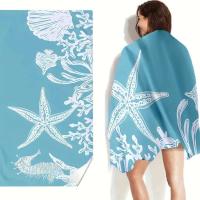 Toalla de playa azul de secado rápido con diseño de estrella de mar, caballito de mar, suave y absorbente para baño, exterior, natación, piscina, campamento, 1 ud. - details 3
