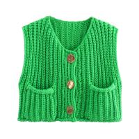 Chaleco de Punto sin Mangas de Moda Coreana para Mujer Cuello en V, Botón Azul, Bolsillos de Adelante, Rojo - details 10