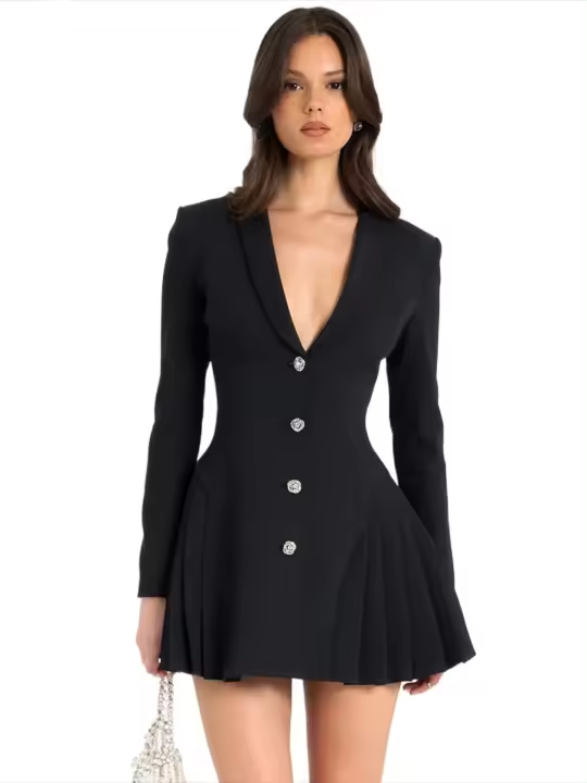 Vestidos de manga larga para mujer, blazer negro plisado, moda, estilo coreano, elegante y hermoso - 1
