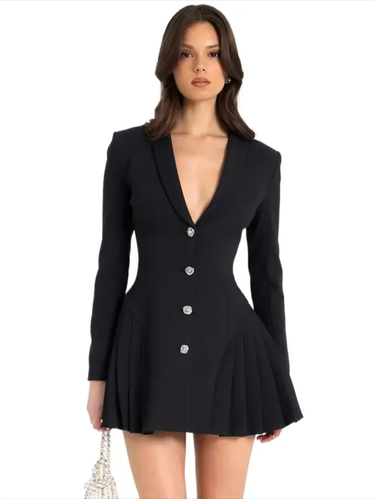 Vestido de mujer de manga larga, traje negro plisado, O, moda coreana, elegante y hermoso - 1