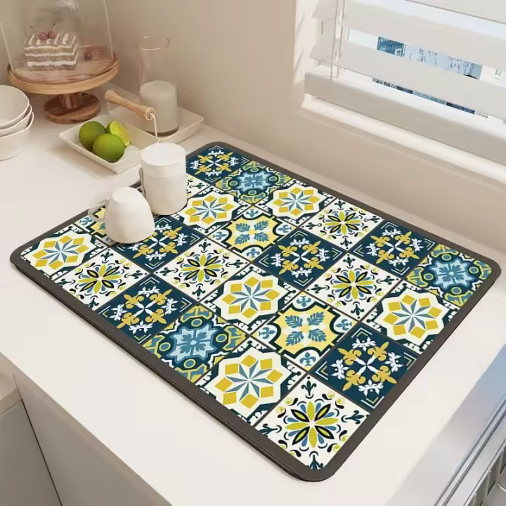 Alfombra de Secado de Platos a Cuadros Coloridos Alfombra de Cocina Antideslizante Súper Absorbente - 1