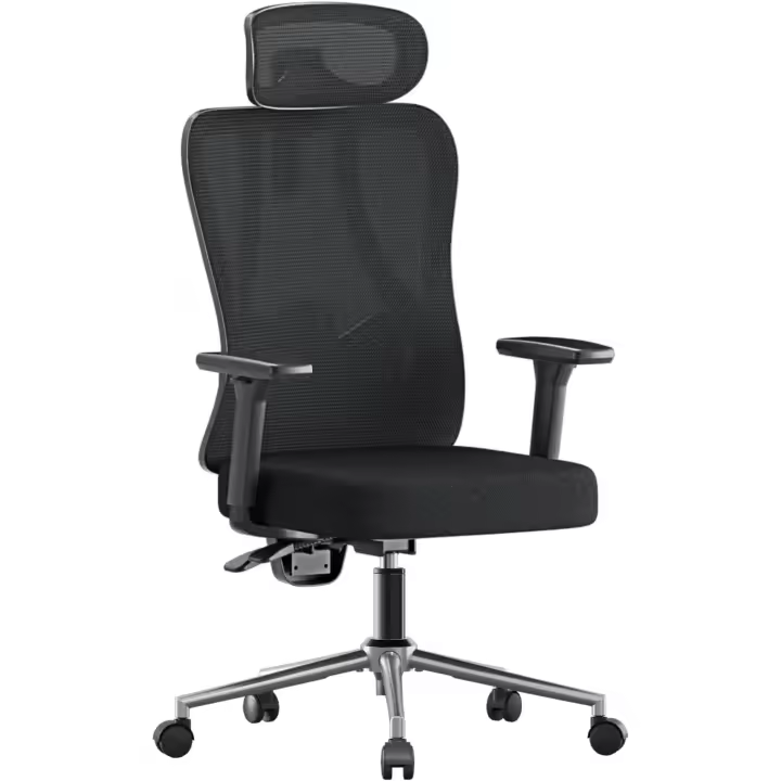 Silla ergonómica de escritorio, silla de oficina con soporte lumbar, silla de ordenador reclinable de ángulo grande, respaldo de malla elástica, negra - 1