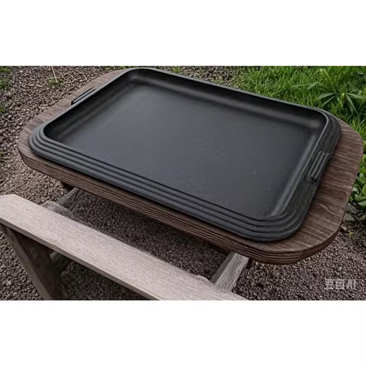 Plato de hierro fundido con bandeja de madera 30x22 cm - 1