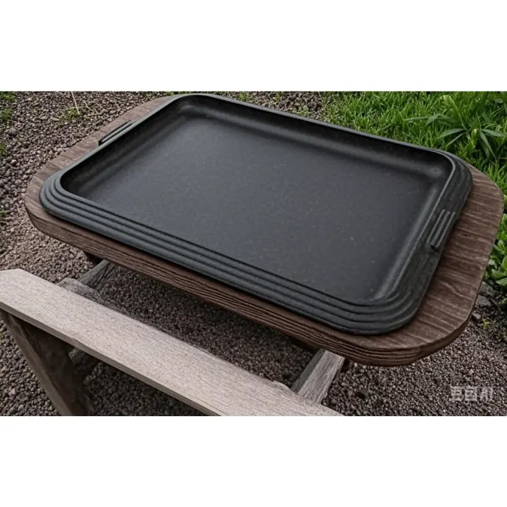 Plato de hierro fundido con bandeja de madera 30x22 cm - 1