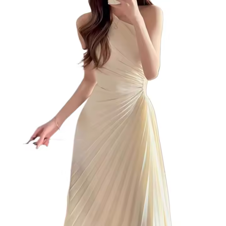 Vestido plisado de acordeón con hombros caídos ahuecados en blanco francés con sensación de alta gama para mujer - 1