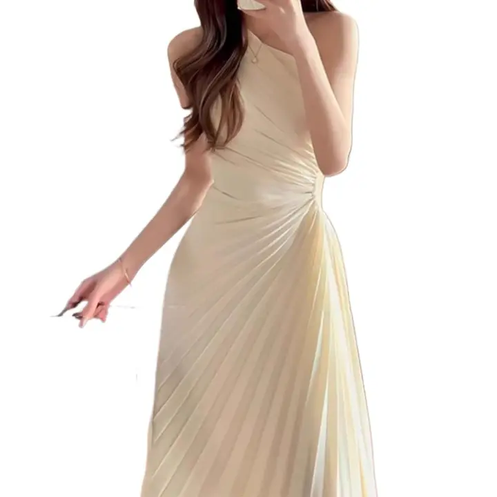 Vestido plisado de acordeón con hombros caídos ahuecados en blanco francés con sensación de alta gama para mujer - 1