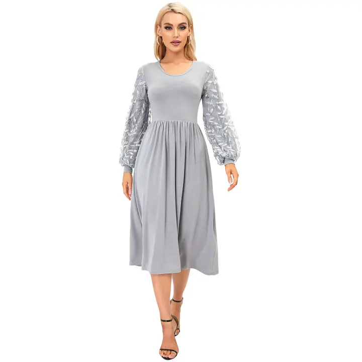 2025 primavera nuevo vestido de dama de honor de manga larga de color sólido bordado con lentejuelas de talla grande para mujer elegante - 1